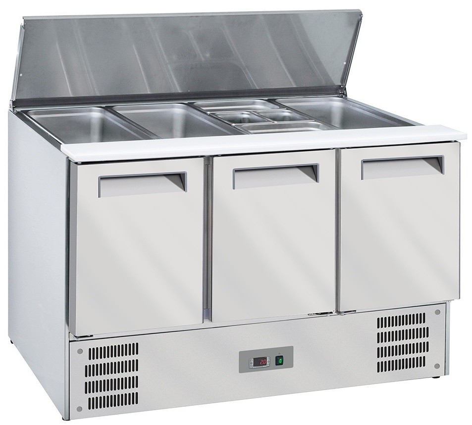 Saladette Industrial Refrigerada Ventilada com Tampa e 3 Portas GN 1/1, Temperaturas +2º +8º e +4º +10º C (transporte incluído) - Refª 100224