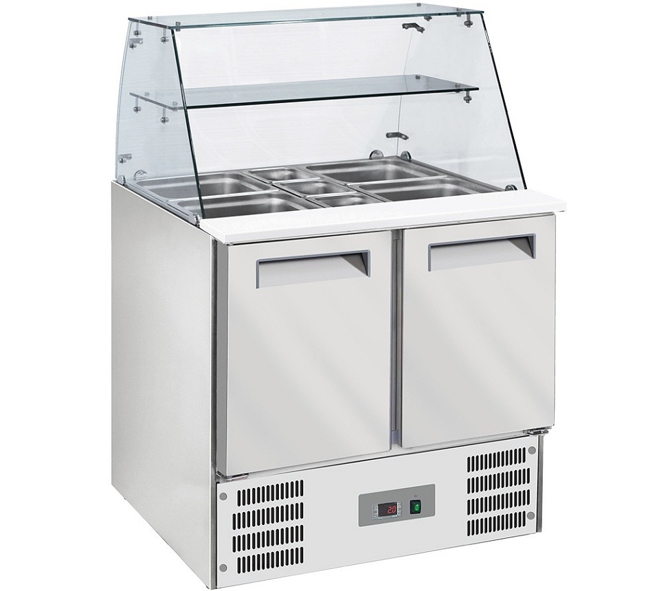 Saladette Industrial Refrigerada Ventilada com Topo em Vidro com Prateleira e 2 Portas GN 1/1, Temperaturas +2º +8º e +4º +10º C (transporte incluído) - Refª 101327