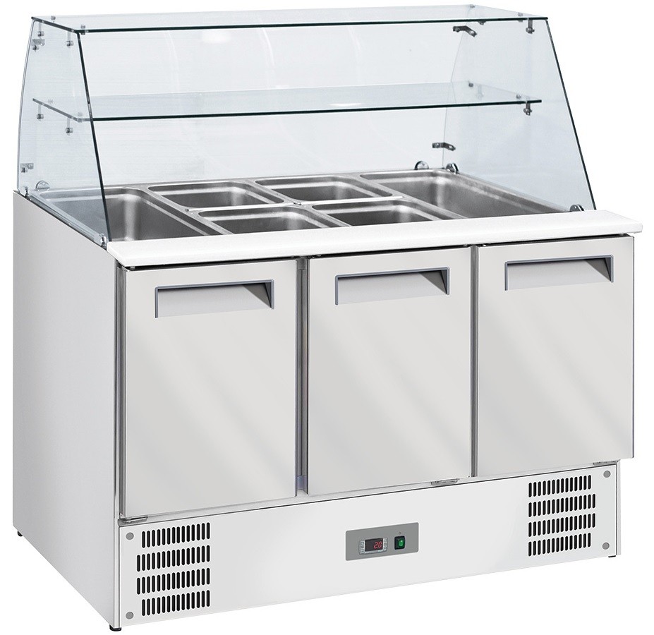 Saladette Industrial Refrigerada Ventilada com Topo em Vidro com Prateleira e 3 Portas GN 1/1, Temperaturas +2º +8º e +4º +10º C (transporte incluído) - Refª 101328