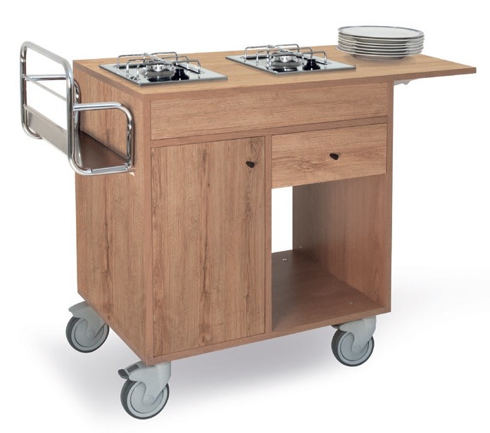 Carro Flamejante Profissional com 2 Queimadores, Trolley Flambé Carvalho (transporte incluído) - Refª 101109