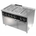 Fogão Industrial a Gás da Linha 750 de 6 Queimadores (3x 5,5 kW + 3x 7,5 kW) com Forno a Gás GN 2/1 (7 kW) e Armário, 39560 kcal/h, Potência de 46000 Watts (transporte incluído) - Refª 102089