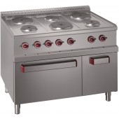 Fogão Industrial Elétrico da Linha 700 de 6 Placas e Forno Eléctrico GN 2/1 com Grill, +125º a 300º C e Armário, Potência de 17600 Watts (transporte incluído) - Refª 100075