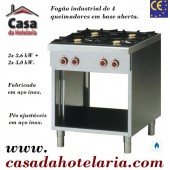 Fogão Industrial a Gás com 4 Queimadores (2x 3,6 kW + 2x 5,0 kW) e Base Aberta Passante da Linha 650, 14800 Kcal/h (transporte incluído) - Refª 100362