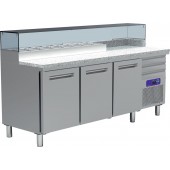 Mesa de Preparação de Pizzas com 3 portas 600x400 mm de Refrigeração 0º +8º C com Estrutura Refrigerada para 8x GN 1/4 150 mm +4º +10º C (transporte incluído) - Refª 101449