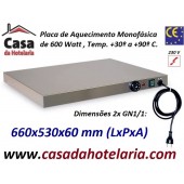 Placa de Aquecimento Monofásica 2x GN 1/1 com 660x530x60 mm LxPxA, 600 Watt, +30º +90º C (transporte incluído) - Refª 101862