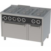 Fogão Industrial a Gás da Linha 750 de 6 Queimadores (3x 5,5 kW + 3x 7,5 kW) com Forno a Gás GN 2/1 (7 kW) e Armário, 39560 kcal/h, Potência de 46000 Watts (transporte incluído) - Refª 102089