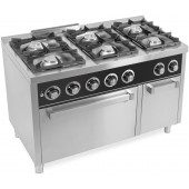 Fogão Industrial a Gás de 6 Queimadores com Forno a Gás GN 2/1 e Armário, 45494 kcal/h, Potência de 52900 Watts, 52900 com gás natural (transporte incluído) - Refª 102103