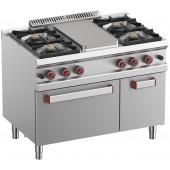 Fogão Industrial a Gás com 4 Queimadores (4x 7 kW), Placa de Grelhar (5,5 kW), Forno a Gás GN 2/1 (6 kW) e Armário da Linha 700, 33970 kcal/h (transporte incluído) - Refª 100067