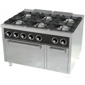 Fogão Industrial a Gás de 6 Queimadores com Forno a Gás GN 2/1 e Armário, 55040 kcal/h, Potência de 64000 Watts (transporte incluído) - Refª 102753